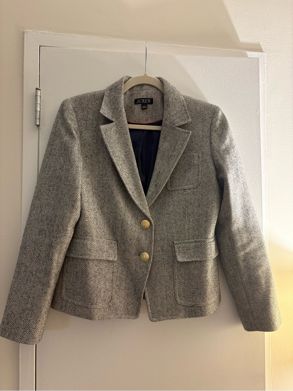 J. Crew Gray Herringbone Wool-Blend Tailored Blazer with Gold Buttons